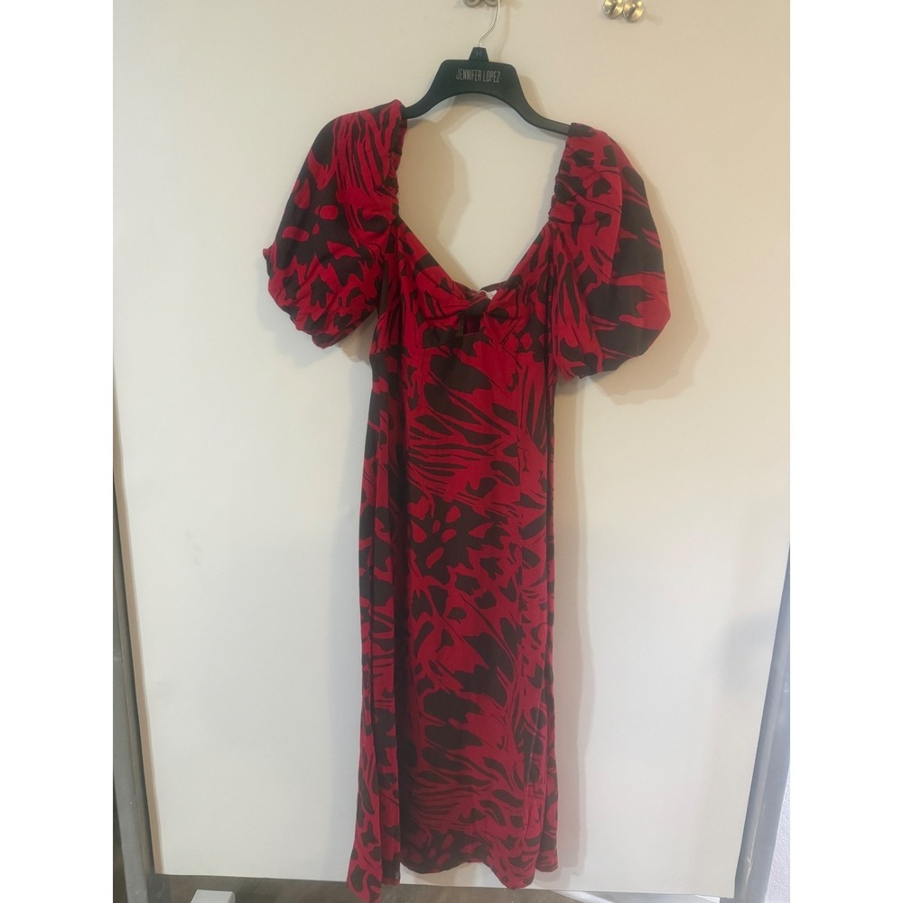Every Women Red Black Abstract Print Linen Blend Puff Sleeve MidiDress EV7078RLN